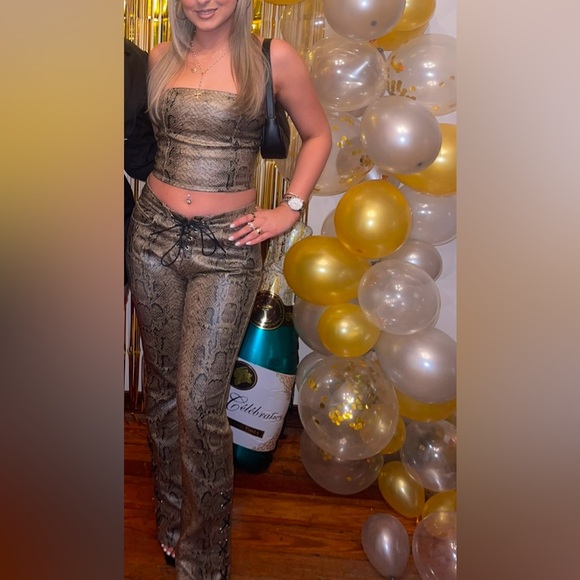 Brown Snake Print Coated Denim Flare Jeans and Bandeau Top - Picture 2 of 3